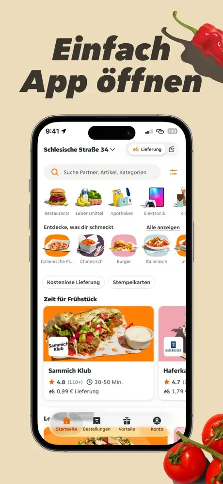 Lieferando.de app home screen showing restaurant categories and offers